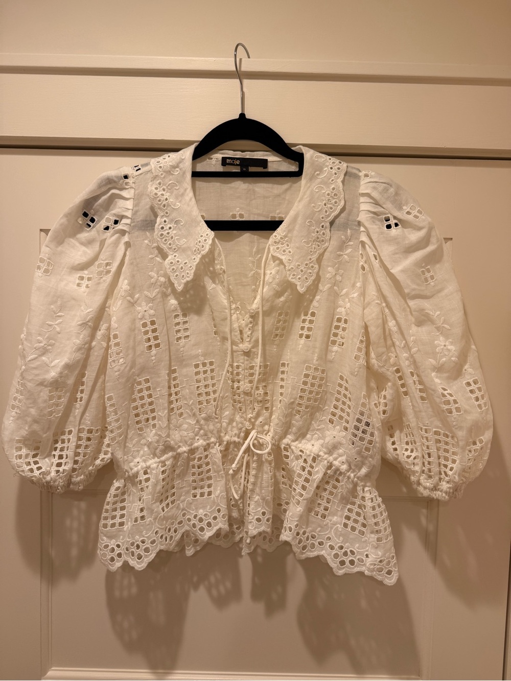 MAJE White Eyelet Tie-Waist Peasant Blouse size 0